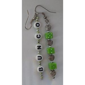 Bunco Earrings Handmade Original Design Green Dice Silver Heart Bunco Lover Gift